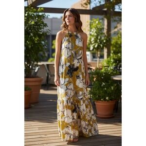 Mustard Yellow Floral Halter‎ Maxi Dress Tiered Ruffle Neck Sleeveless Size L